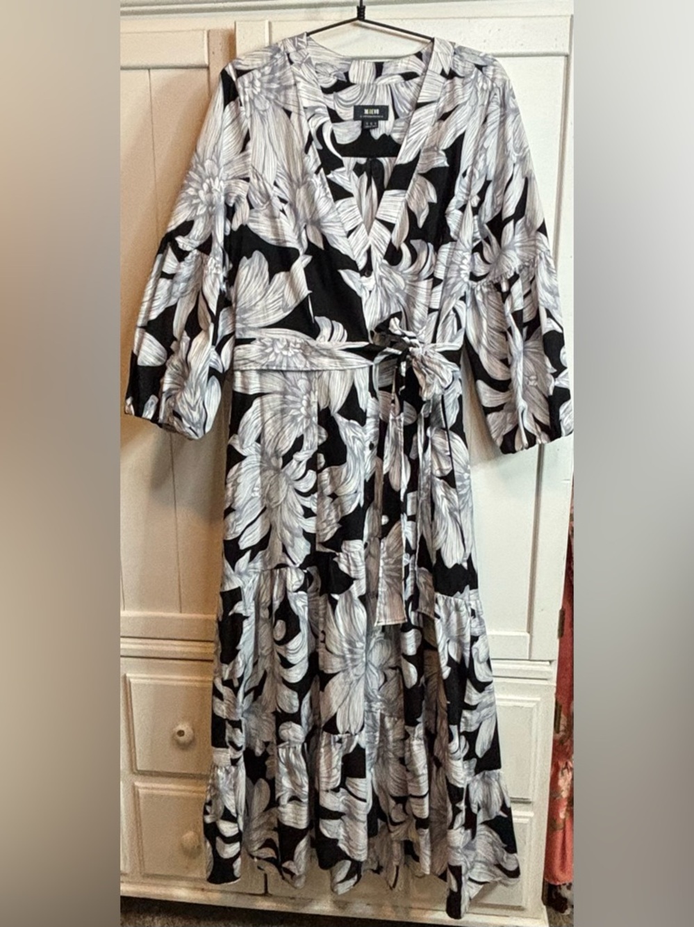 Maeve Anthropologie Floral Midi Dress Size 12 Black White Wrap Tiered NWOT Boho - Picture 6 of 16